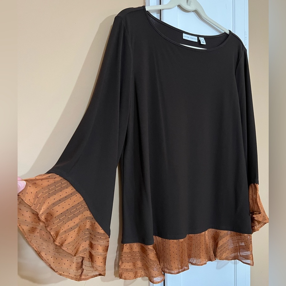 Susan Graver Brown Liquid Knit Top -  Beautiful trim in copper color.